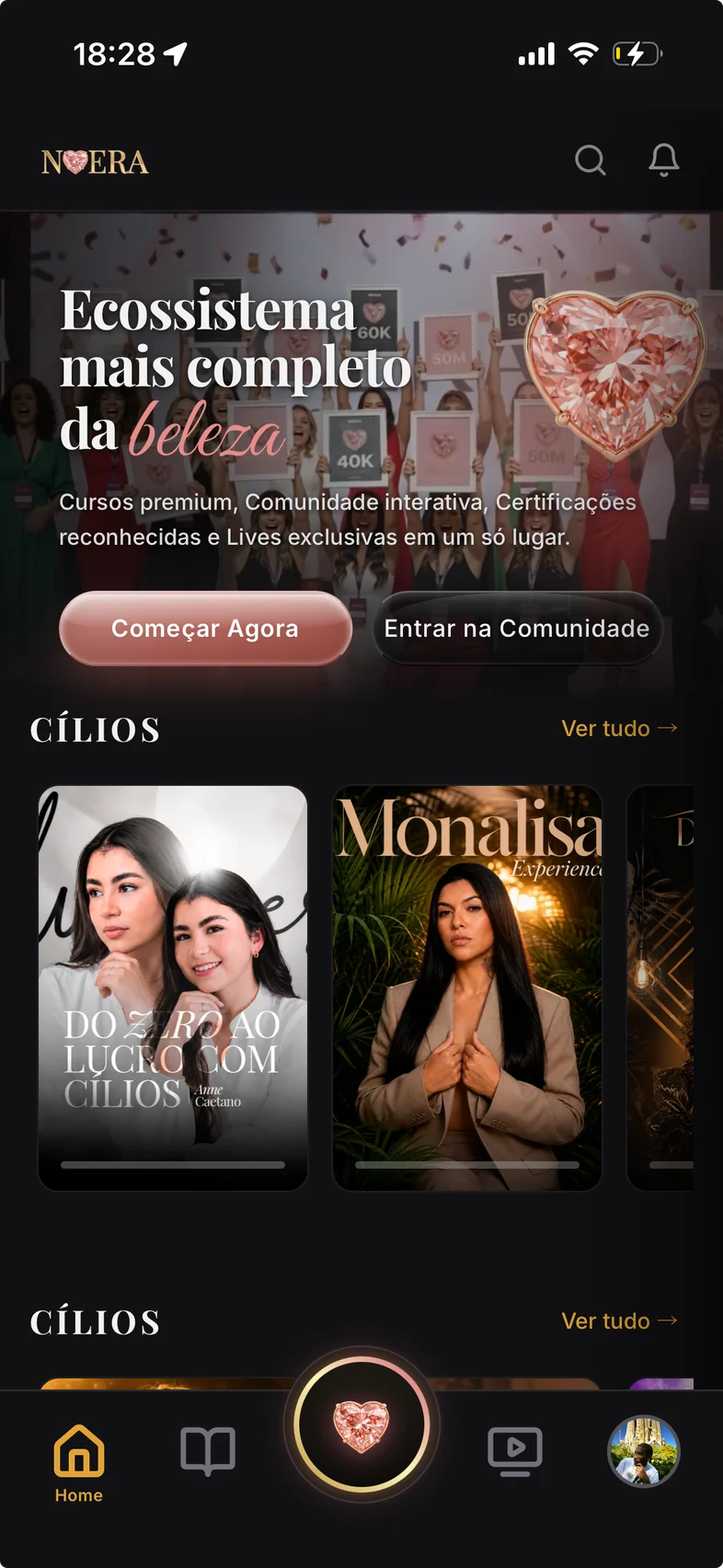 Tela inicial da Nera no celular, com o banner da plataforma e a fileira de cursos de cílios