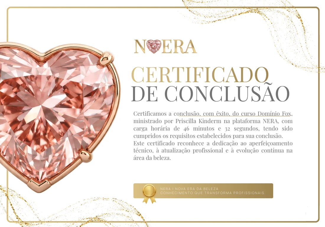 Certificado de conclusão da Nera, com o coração de diamante rosa e moldura dourada